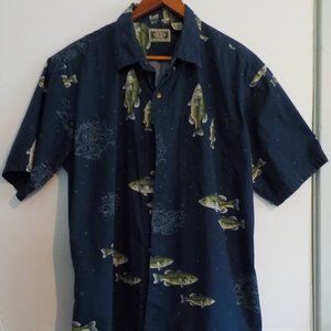 G.P.S. Global Tracking Men's S/S Button Front Fish Print Navy Blue Shirt Size L